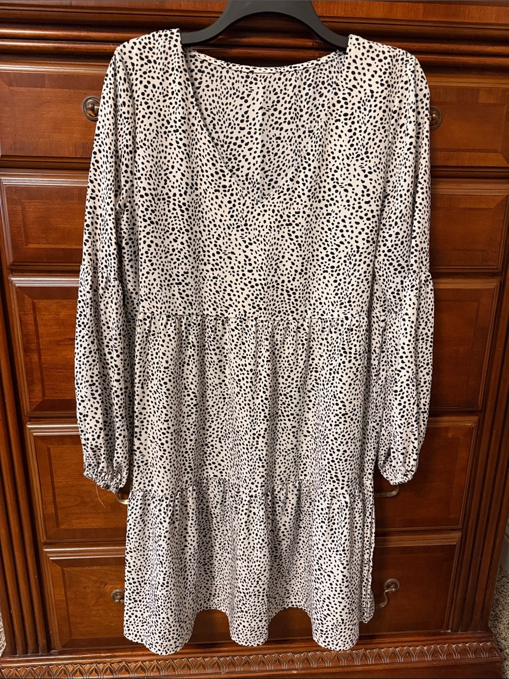 Women's Long Sleeve Tiered Dot Print Dress - White/Black